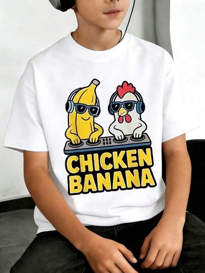 Tween Boy Casual Funny Print Crew Neck Short Sleeve T-Shirt, Summer Top