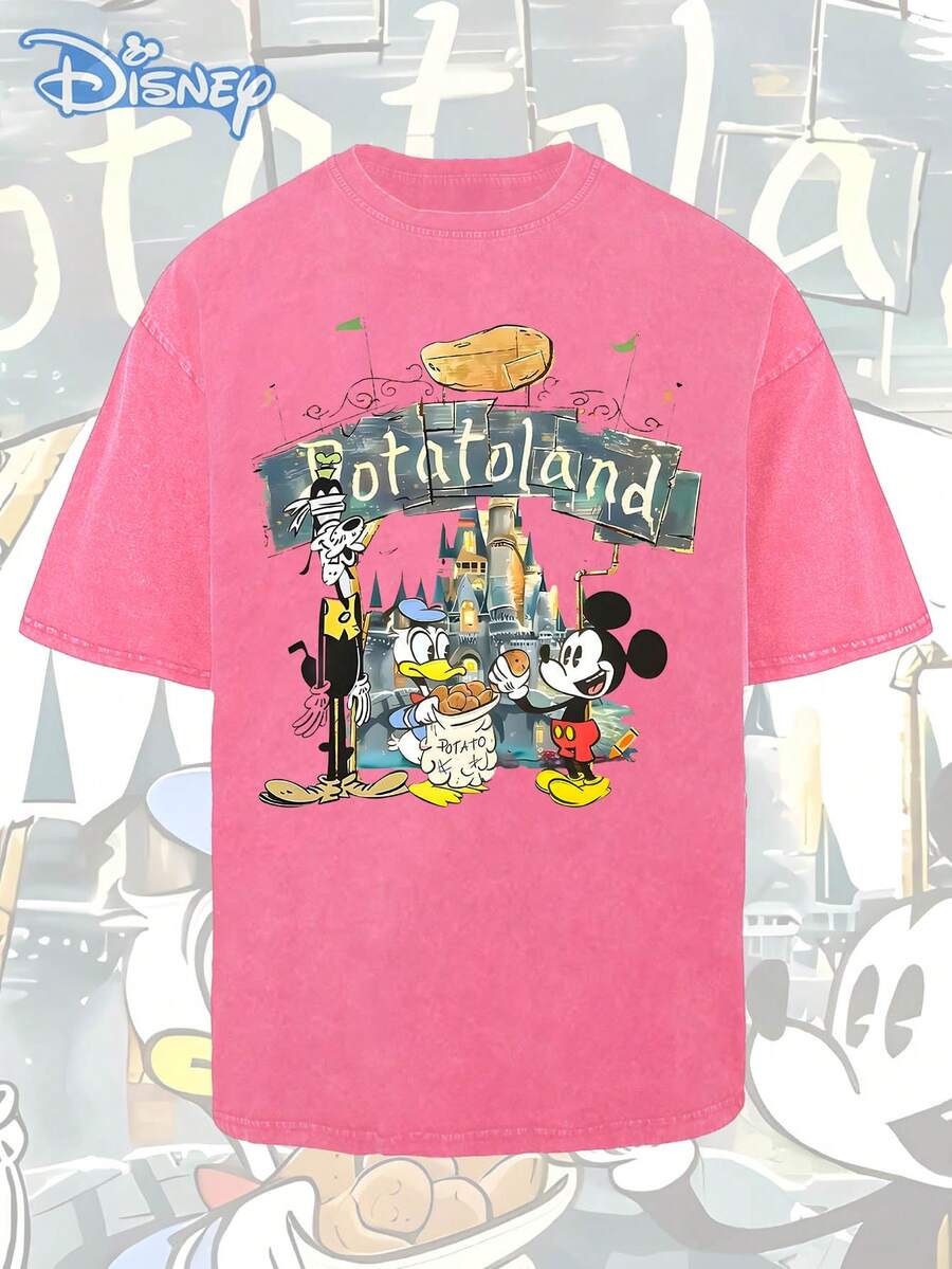 T-shirt d'été à manches courtes pour homme Disney Mickey Mouse et ses amis, effet vieilli, coupe unique, tissu 100% coton, confortable et respirant, style streetwear décontracté, col rond ; une marque de mode de haute qualité, un cadeau surprise idéal pour la famille et les amis. - Rose vif - Voir 1
