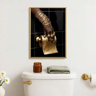 1pc Framed/Unframed Golden Toilet Paper Canvas Poster Fashion African Girl Luxury Glam Bathroom Wall Art Print Beaury Salon Aesthetic Decor Stylish Painting For Dorm,Living Room,Restroom,Modern Home Decoration