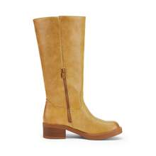 Womens Square Toe Chunky Block Heel Knee High Boots Banana Campus Boots For Women Casual Comfortable Low Heel Side Zipper Riding Tall Boots - 黃色 - 查看 5