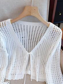 Women's Lightweight Knit Cardigan, Summer Sexy Casual Design Lace-Up Cropped Hollow Out Blouse - White - View 5