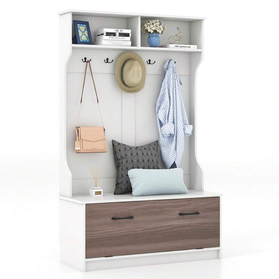 COSTWAY 63 Inches Hall Tree With Coat Rack And Storage Bench, Multifunctional Coat Rack With Entryway Bench, 5 Double Hooks, Freestanding Home Organizer For Entryway, Bedroom, White - White - View 1