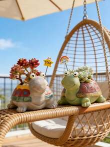 Resin Succulent Planter Cute Turtle Shaped Flower Pot Waterproof Durable Cartoon Animal Plant Container For Indoor Outdoor Home Office Windowsill Balcony Patio Garden Decor Ideal For Cactus Herbs Small Potted Plants - A - View 5