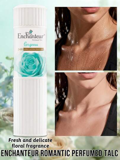 Enchanteur 迷人香氛爽肤粉，24小时持久干爽舒适，清爽舒缓，缓解瘙痒，持久留香。细腻粉质，改善肤质，散发迷人花香，令肌肤柔软光滑，焕发光彩。