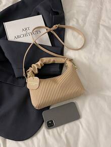 Bolso de mano minimalista y de moda con cremallera, conjunto completo de pliegues tejidos de PU, bolso de hombro mini portátil adecuado para mujeres, compras, citas, fiestas, regalo - Caqui - Ver 6