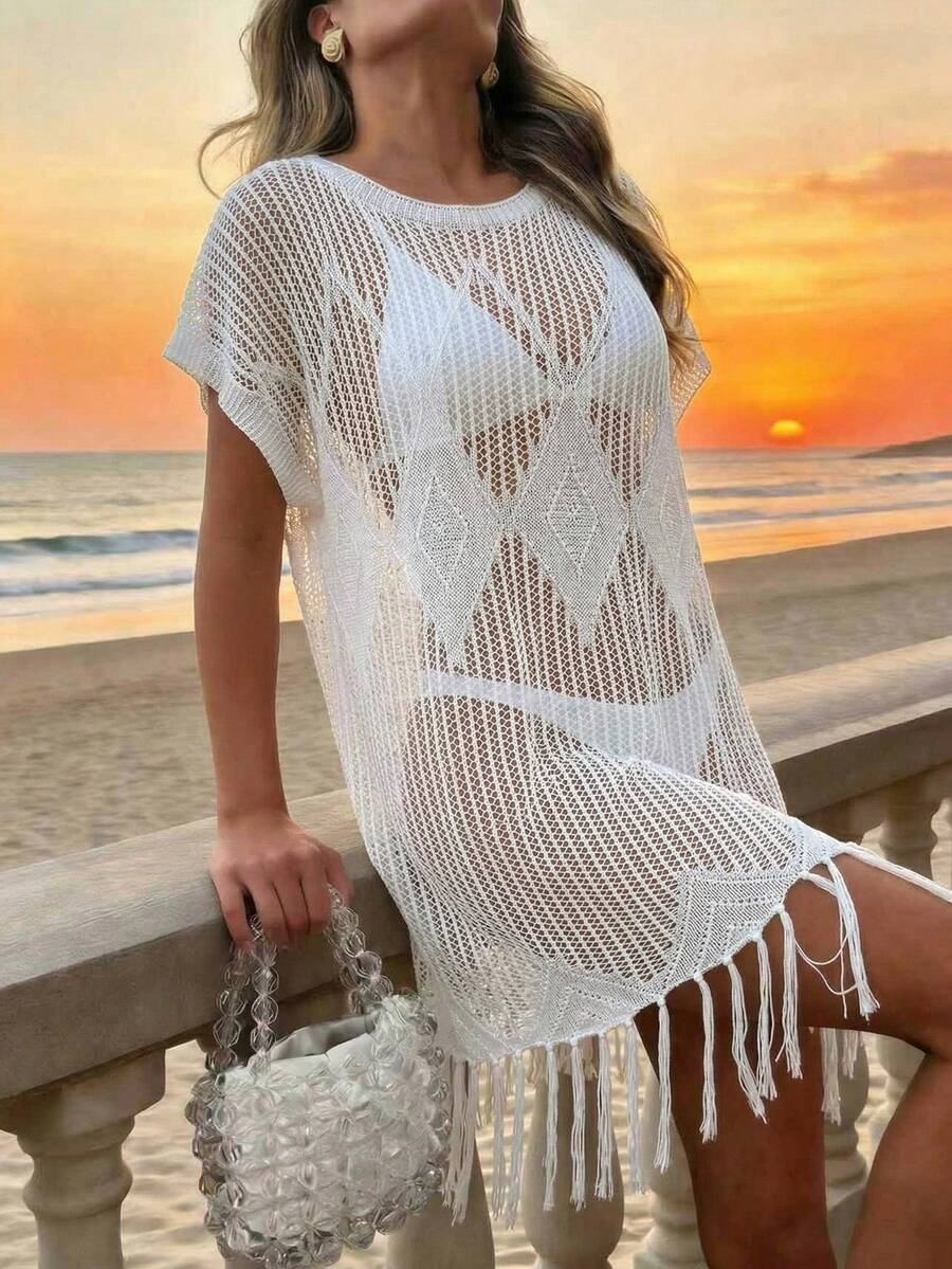 白色短袖圆领针织沙滩罩衫连衣裙，带流苏，女款，适合夏季沙滩度假 - 白色 - 查看 1