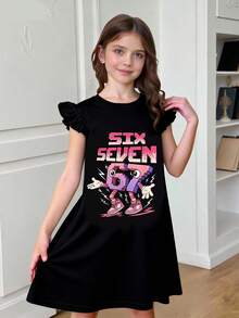Teenage Girls' Ombre Interesting "67" Graphic Print Casual Elegant Dress - Black - View 1