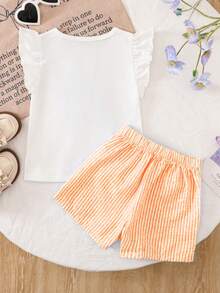 4-7岁女童夏季白色喇叭袖T恤+蓝白条纹短裙两件套，可爱蝴蝶结装饰，清新甜美欧式风格，透气泡泡雪纺面料，2026新款夏季假日女童套装 - 橘色 - 查看 3