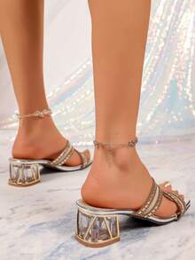 1双女士棕色水钻方头粗跟凉鞋，优雅复古风，时尚高跟鞋，适合派对和春夏穿着 - 棕色 - 查看 6