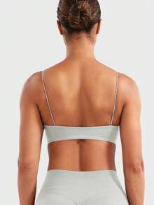 VOYJOY Women Spaghetti Strap Sports Bra Padded Low Support Seamless Impact Cami Square Neck Workout Yoga Bra Crop Top - 羽毛米 - 查看 4