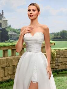 Elasola Vestido de novia blanco de línea A con encaje y cola, de unicolor satinado, para primavera - Blanco - Ver 8