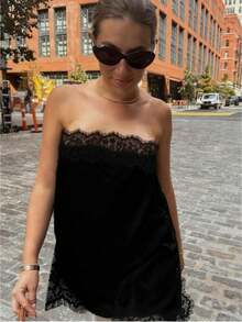 Women Off Shoulder Lace Satin Tube Tops For Summer - 黑色 - 查看 1