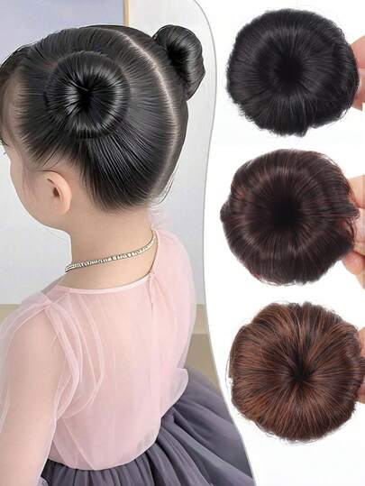 Tóc giả búi mái cho bé gái, có kẹp cài, kiểu tóc mái chignon, phụ kiện tóc hàng ngày, tóc giả cosplay, tóc nối kẹp, tóc mái búi đôi, tóc giả màu đen nâu cho trẻ em.