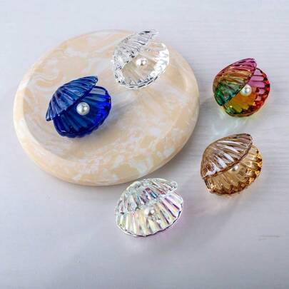 1pc Colorful Crystal Shell Decor With Faux Pearl, Mini Crystal Shell Ornament, Ocean Theme Desktop Decoration Gift