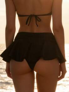 1 chiếc váy bơi nhung xếp ly/bèo nhún đính đá sang trọng, kiểu dáng thường ngày, thích hợp cho kỳ nghỉ, bãi biển, mọi mùa. Màu đen. - màu đen - Xem 1