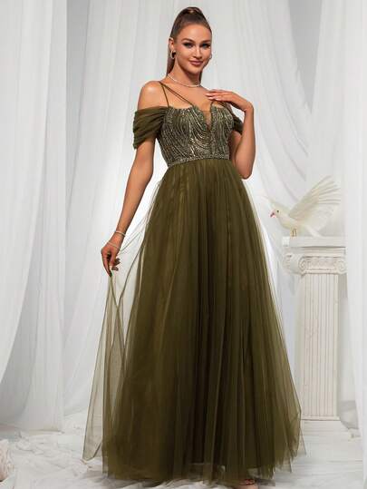 VIPGIRL Women's Off-Shoulder Sequin Mesh Long Evening Gown