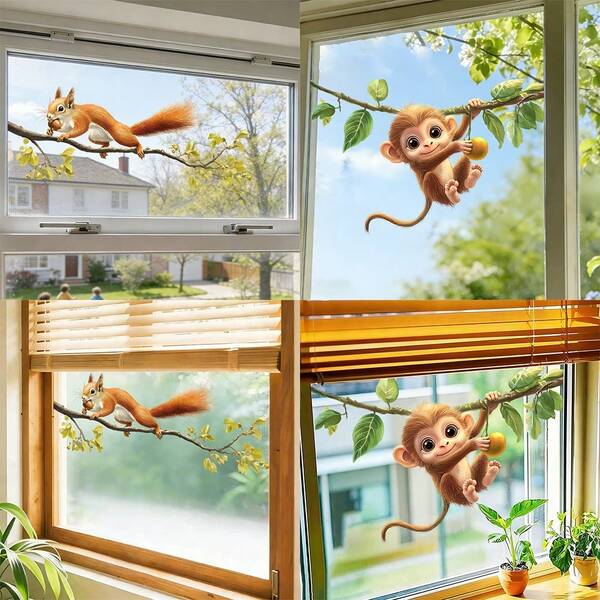 1/2 piezas Pegatinas estáticas de ardilla y mono lindos, adhesivos de ventana removibles y reutilizables para decoración del hogar, película de ventana sin pegamento para sala de estar, dormitorio, cocina
