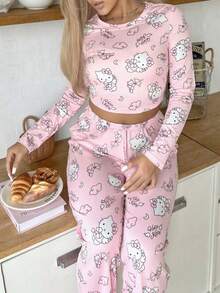 Sanrio 2pcs Hello Kitty Women's Round Neck Short Printed Long Sleeve Top + Elastic Waist Pants Cute Pajama Set - Pink - View 3