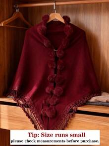 （不含别针）1件装女士春夏仿兔毛绒球蕾丝三角披肩，轻盈透气针织斗篷披肩，通勤百搭，理想的情人节礼物 - 紅色 - 查看 2