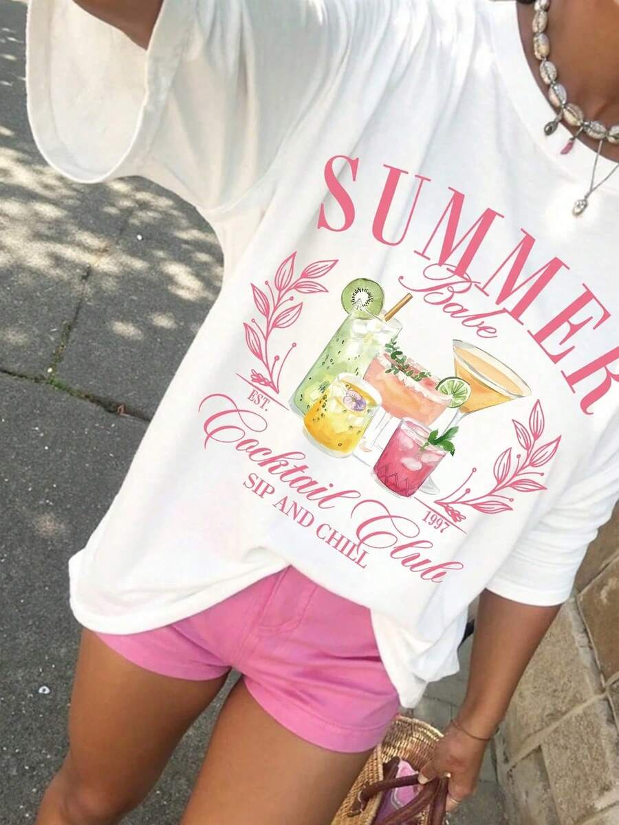 女士宽松圆领短袖T恤，休闲日常沙滩装，鸡尾酒会主题印花，简约休闲夏季上衣 - 白色 - 查看 1