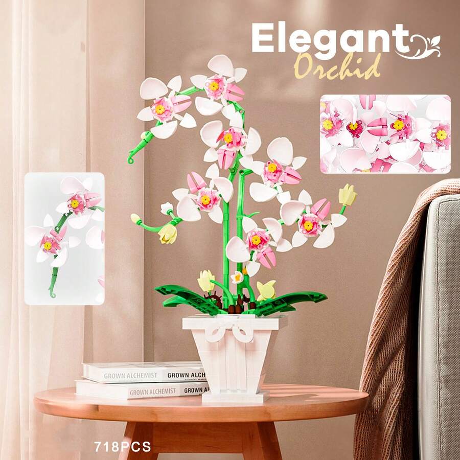 DIY Orchid Building Blocks, Elegant Orchid Decor, White Vase, Flower Color Assembly, Construction Building Toy, Potted Flower Bouquet Indoor Decoration, Small Particle Model