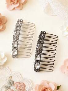 1pc/2pcs French Countryside Style Crystal Heart & Flower Hair Comb, New Luxury Elegant Bangs Clip Hair Accessory - Multicolor - View 14