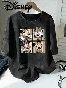 Disney Minnie Mouse Adventure Wind Leopard Print Wind Four Squares Cute Expression Creative Printing Design Sense  Oversized Fashion Old T-Shirt 2026 Spring And Summer Round Neck T-Shirt Style Retro Fashion Lovers Popular Style Old Round Neck T-Shirt. - 黑色 - 查看 1