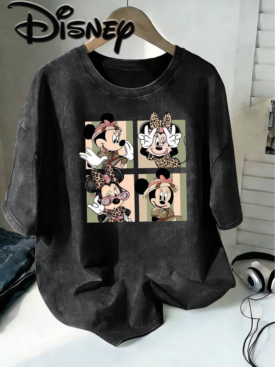 Disney Minnie Mouse Adventure Wind Leopard Print Wind Four Squares Cute Expression Creative Printing Design Sense Oversized Fashion Old T-Shirt 2026 Spring And Summer Round Neck T-Shirt Style Retro Fashion Lovers Popular Style Old Round Neck T-Shirt. - 黑色 - 查看 1