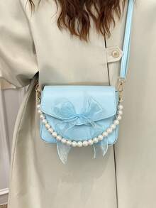 Sweet Lace Bow Pearl Mini Handbag Shoulder Bag - Baby Blue - View 4
