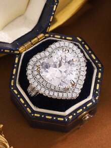 奢华心形几何立方氧化锆戒指，情人节送给女性的珠宝礼物 - 白色 - 查看 1