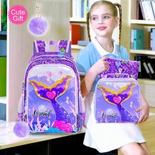 3PCS Mermaid Backpack, 16" Girls Bookbag With Lunch Box, Kids Elementary Prechool Toddler Shool Bag - Purple - View 7