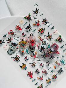 Cartoon Dark Style Nail Art Stickers, Featuring Various Cute Demon And Monster Designs With Dark Elements Such As Horns, Bat Wings, Flames, And Sharp Teeth. Quirky And Charming Style, Suitable For Young People Who Enjoy Cute Yet Edgy Aesthetics And Unique Personalities. - Multicolor - View 3