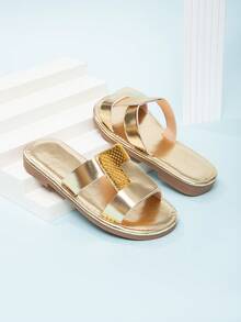 Sandalias planas minimalistas casuales para niñas, estilo de vacaciones - Dorado - Ver 3