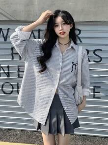 女式蓝白条纹领结衬衫，宽松轻薄长袖衬衫，秋冬 - 藏青色 - 查看 3