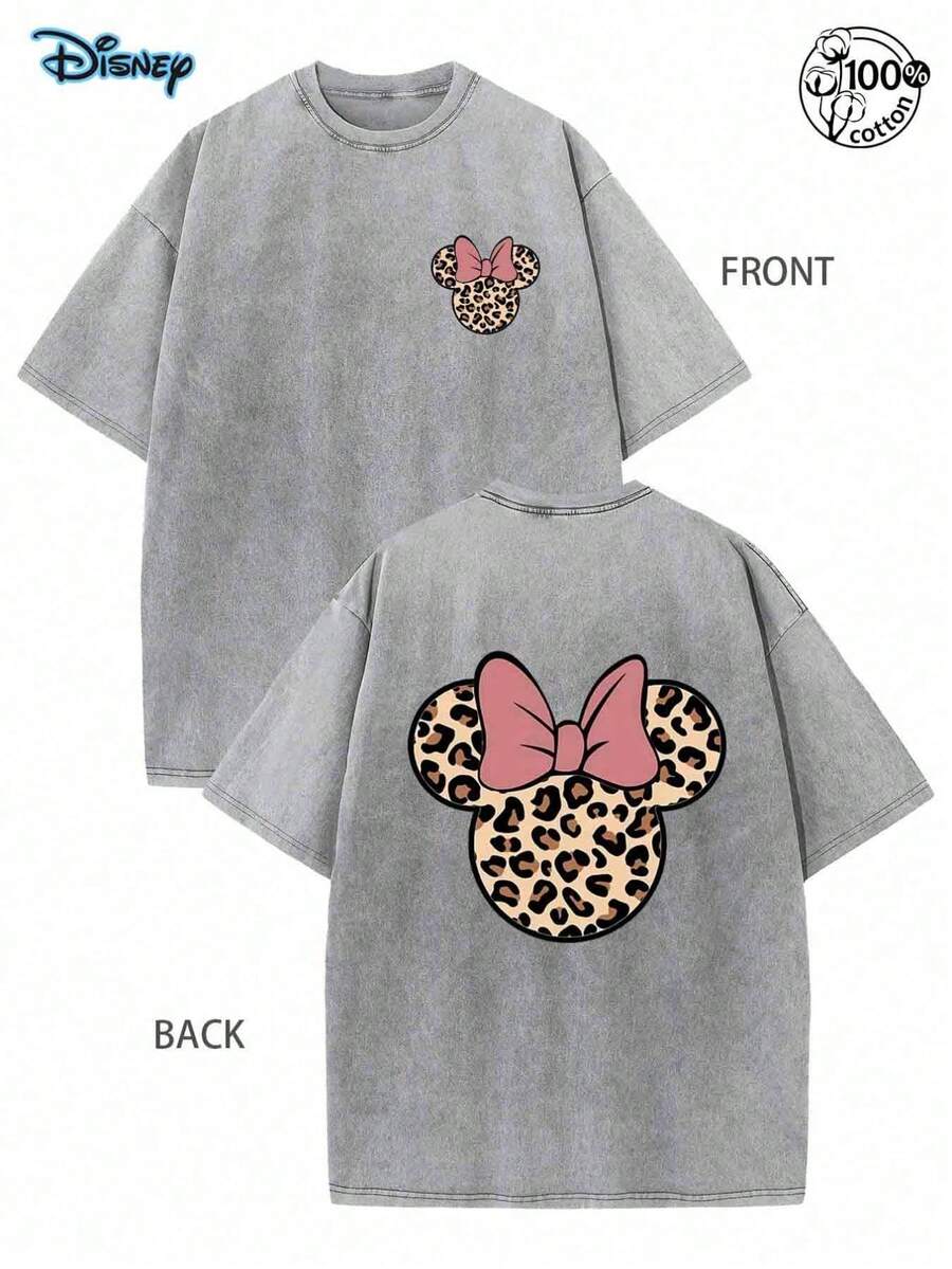 [ Disney Authorization ] Leopard Print MinnieMouse T-Shirt, Retro Minnie Mouse 2026 Shirt, DisneyTrip Shirt, Disney Pattern Tee, Comfortable,Fashionable, Casual Top, Streetwear, Leopard PrintMinnie, Suitable For Gatherings, Daily Wear AndVacations, Street, 230G Washed Cotton High-QualityDouble-Sided Printed T-Shirt, Men's And Women's T-Shirts - 灰色 - 查看 1