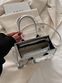 Túi xách nữ nhỏ hình vuông họa tiết đá, kiểu dáng thời trang mới, túi đeo vai hai quai xách họa tiết da cá sấu, dây đeo có thể điều chỉnh, đa năng cho du lịch và mua sắm. - Bạc - Xem 11