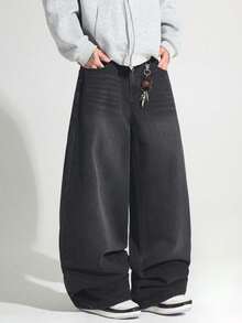 1pc Justice Brother Men's Loose Washed Denim Casual Baggy Wide Leg Jeans Pants (Excluding Belt/Accessories) - 深灰色 - 查看 3