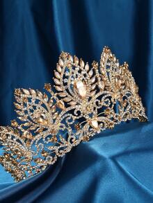 1pc Bride Gold-Color White Rhinestone & Crystal Alloy Luxurious Crown Headpiece, Suitable For Wedding, Birthday, Party, Photo Shoot - Champagne - View 2