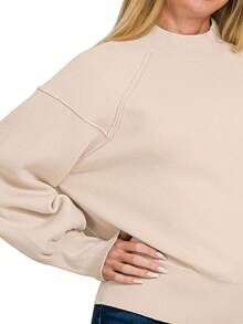 Women's Casual Pullover Mock Neck Ribbed Knit Oversized Silhouette Long Sleeve Sand Beige - SAND BEIGE - View 2