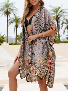 1pc Women's Retro Elegant Bohemian Style Paisley Print Faux Silk Kimono Cover Up, Casual Beach Cover-Up For Spring/Summer - Multicolor - View 4