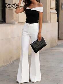 女士优雅性感休闲黑白扭结露肩短款上衣，适合夏季派对、海滩、度假穿着 - 黑與白 - 查看 4