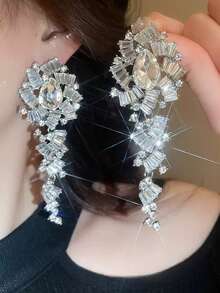 1 Pair Luxury Fully Rhinestone Long Tassel Earrings, Exaggerated Elegant Earrings For Birthday, Evening Party, Wedding - Silver - View 5