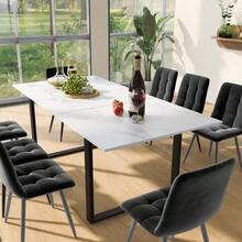 Dining Room Set (Table 140/180*80*75 Cm With 8 Chairs), Modern Kitchen Table And Chair Set, Grey Velvet Chairs, White MDF Tabletop, Black Table Legs - Dark Grey - View 1