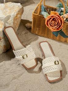 女士春夏新款米色编织带凉鞋，金属搭扣装饰，轻便透气，奢华时尚，百搭一脚蹬，休闲户外海滩度假复古波西米亚风，推荐搭配连衣裙，法式简约平底凉鞋 - 米色 - 查看 5