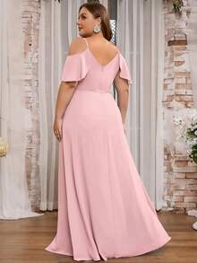 Women Plus Size Solid Color Elegant Mature Chiffon Bridesmaid Dress, Evening Party Dress For Wedding Guest, Maid Of Honor, Spring/Summer/Autumn Pink - Pink - View 3