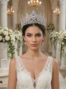 1PC Luxurious Gold AB Crystal Queen Crown, Sparking Rhinestone Pageant Tiara For Women, Elegant Birthday Party Hair Jewelry, Exquisite Prom Wedding Headpiece - Multicolor - View 3