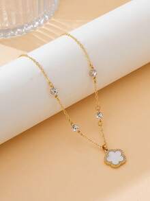 1 chiếc dây chuyền mặt hình cỏ ba lá lấp lánh cổ điển, đa năng, thiết kế ngọt ngào và may mắn, sản phẩm mới mùa hè dành cho nữ. - trắng - Xem 4