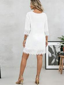 Women's Bohemian Style White Lace Detail 3/4 Sleeve Long Woven Fabric Beach Cover-Up Dress Vacation - White - View 6