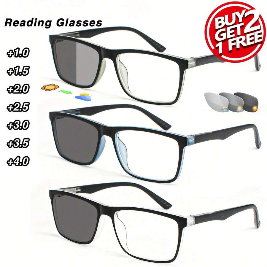 3-Pack Photochromic Reading Glasses High-End Spring Hinges Lightweight For Office And Travel Unisex Quality Eyewear Ideal For Halloween And Christmas Gifts - Black Gray + Black Blue + Black and White - 查看 1