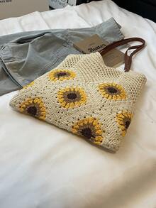 Túi tote hình hoa hướng dương bằng rơm, quai đeo vai bằng da PU, khóa kéo, không có mặt dây chuyền. - Màu be - Xem 4